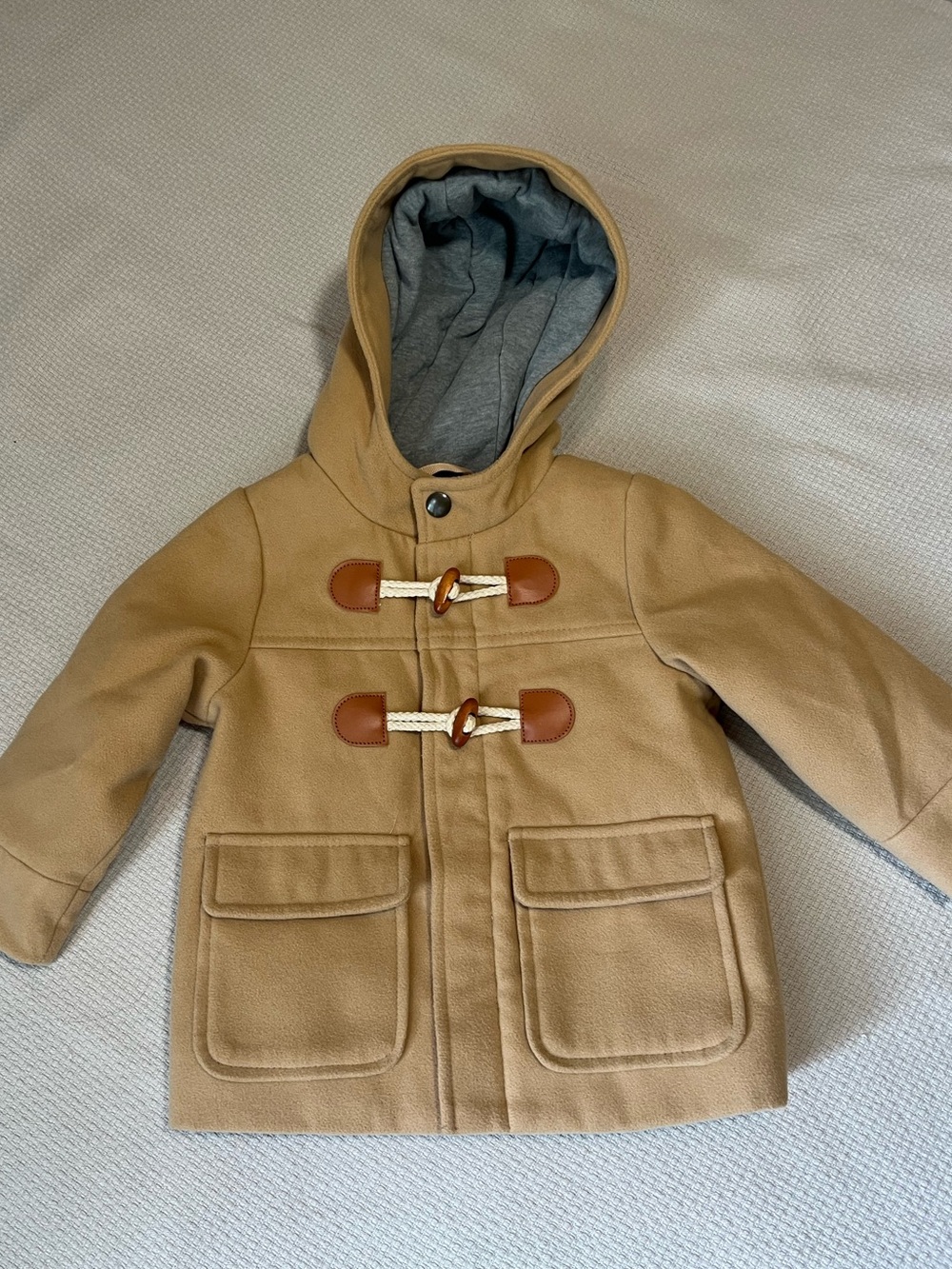 Cat & Jack Hooded Winter Pea Coat Size 18 Months Tan Gender Neutral Preppy EUC